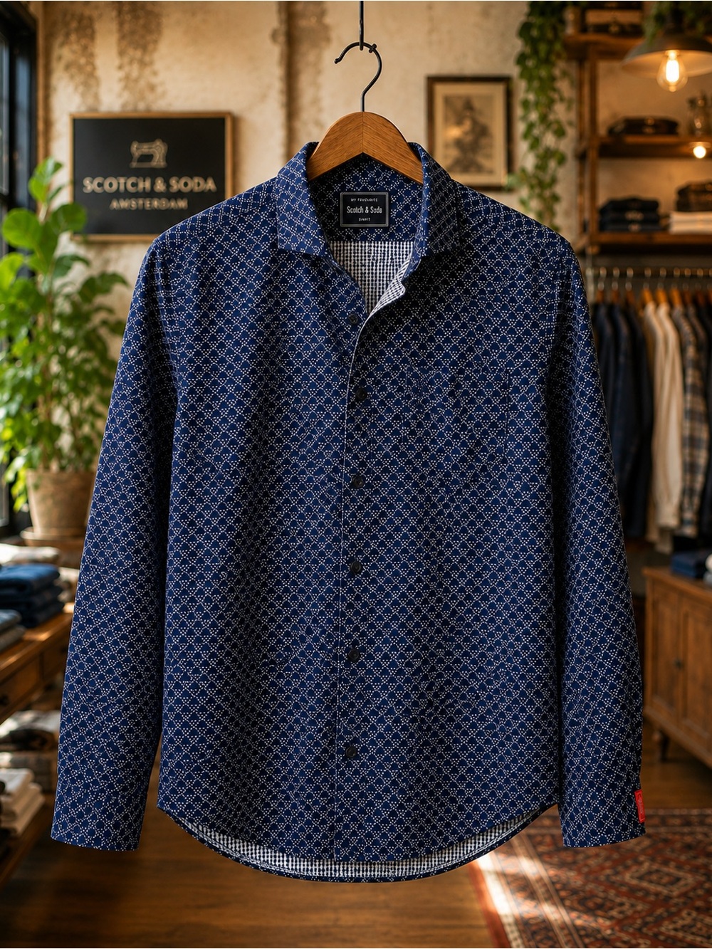 Scotch & Soda Men’s Geometric Print Shirt Navy Cotton Long Sleeve L